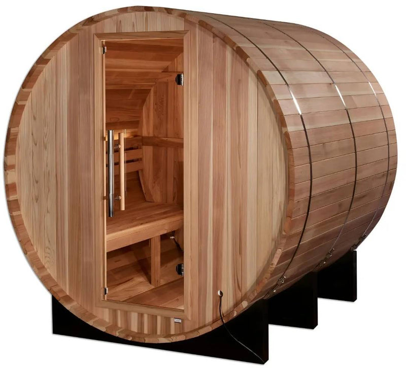 ZiahCare's Golden Designs Arosa 4 Person Barrel Sauna Mockup Image 3