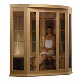 Woman sitting in Maxxus MX-K356-01 Far Infrared Corner Sauna