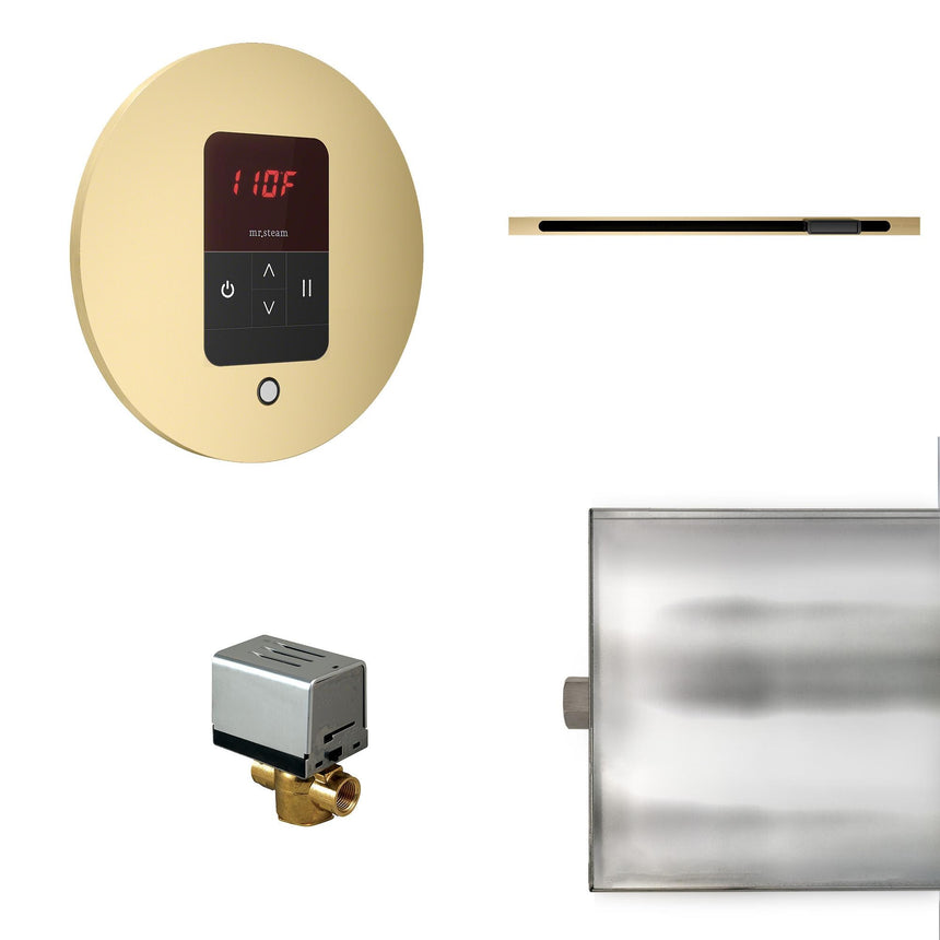 Basic Butler Linear Steam Shower Steam Control Package with iTempo Control and Linear SteamHead in Round Satin Brass Main View