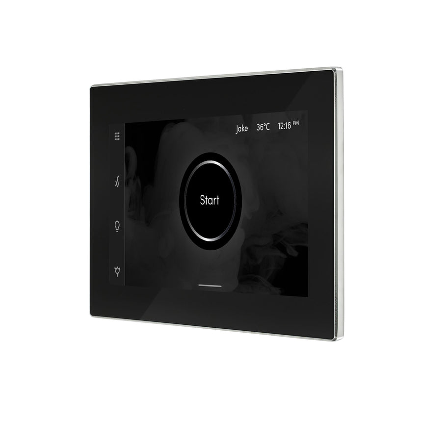 iSteamX Steam Shower Control and Aroma Glass SteamHead in Black Matte Black Angled View