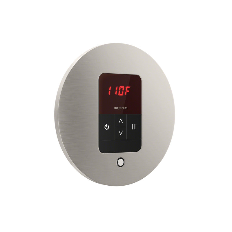 iTempo Steam Shower Control and Aroma Designer SteamHead in Round Brushed Nickel Angled View