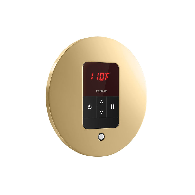 iTempo Steam Shower Control and Aroma Designer SteamHead in Round Polished Brass Angled View