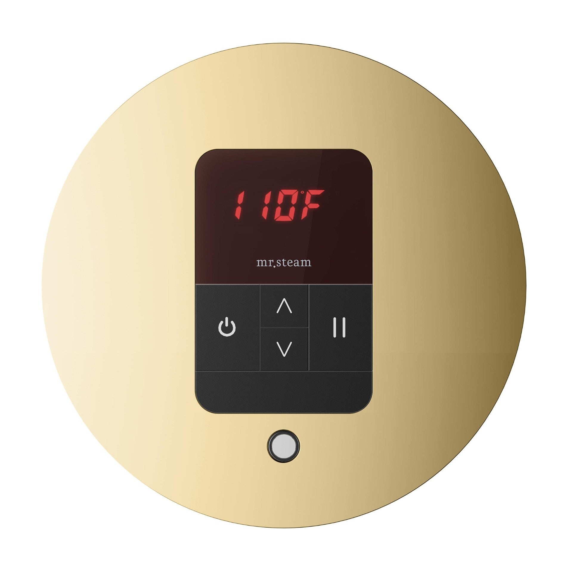 iTempo Steam Shower Control and Aroma Designer SteamHead in Round Polished Brass Front View