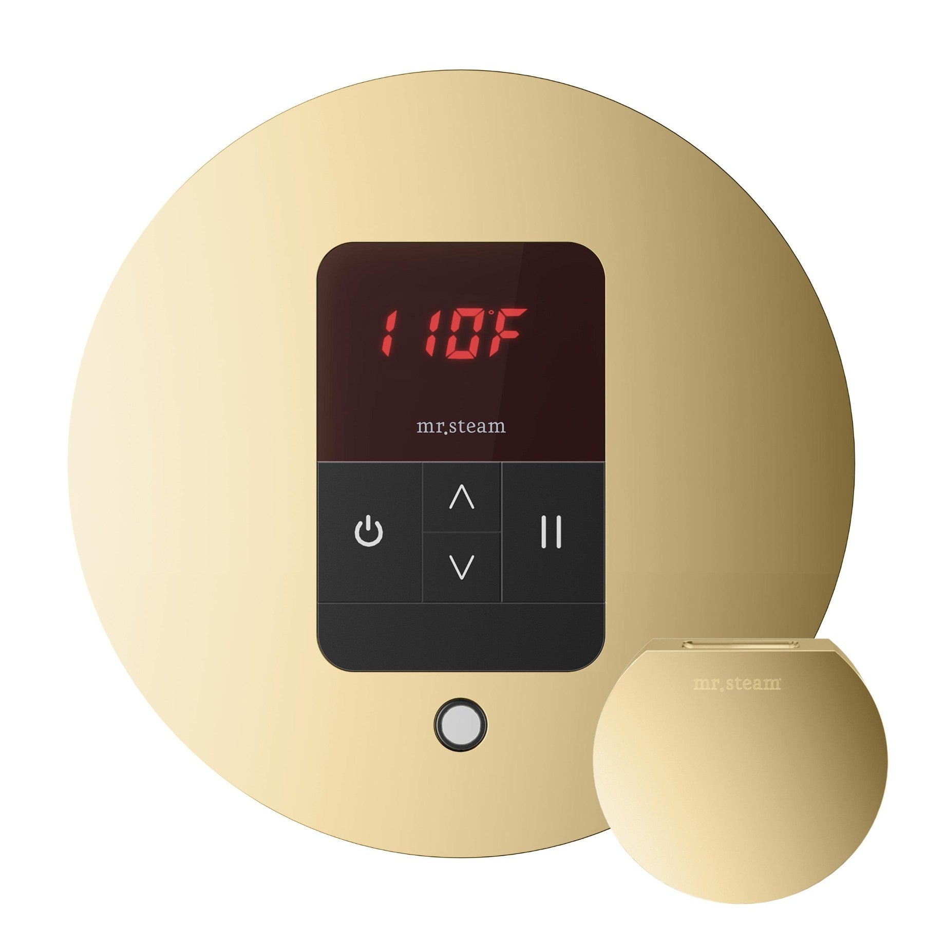 iTempo Steam Shower Control and Aroma Designer SteamHead in Round Polished Brass Main View