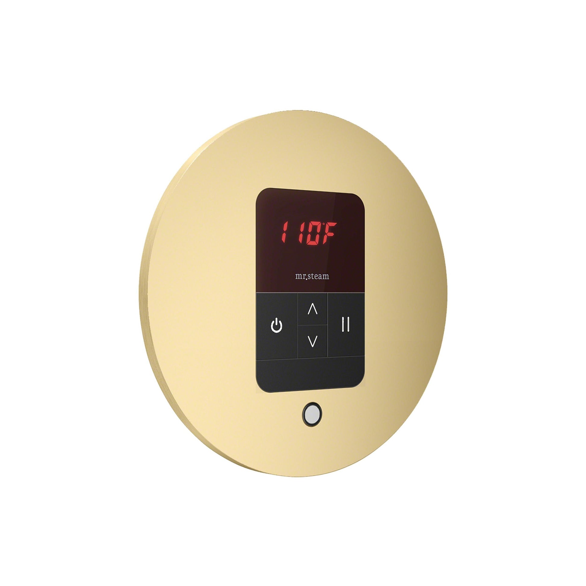 iTempo Steam Shower Control and Aroma Designer SteamHead in Round Satin Brass Angled View