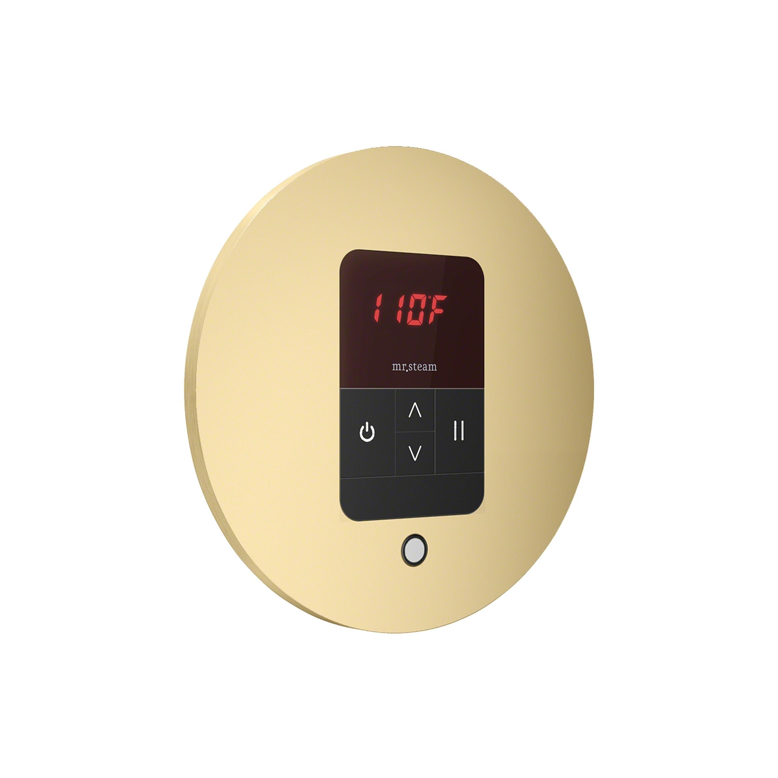 iTempo Steam Shower Control and Aroma Designer SteamHead in Round Satin Brass Angled View