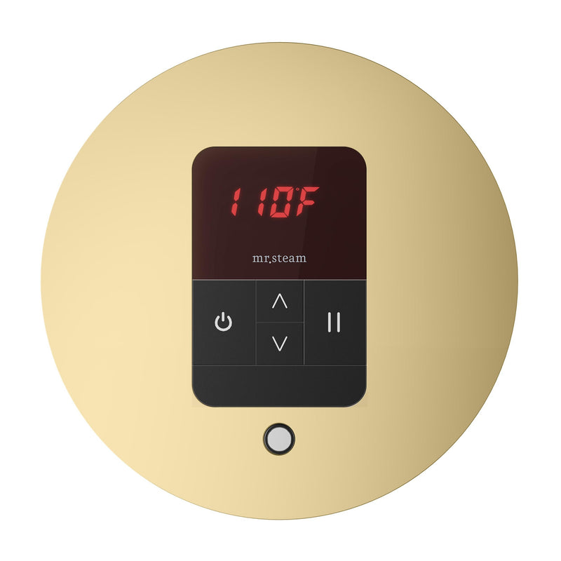 iTempo Steam Shower Control and Aroma Designer SteamHead in Round Satin Brass Front View