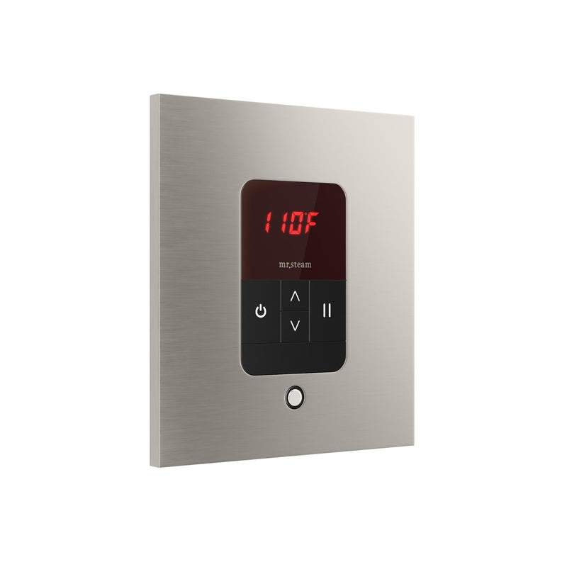 iTempo Steam Shower Control and Aroma Designer SteamHead in Square Brushed Nickel Angled View