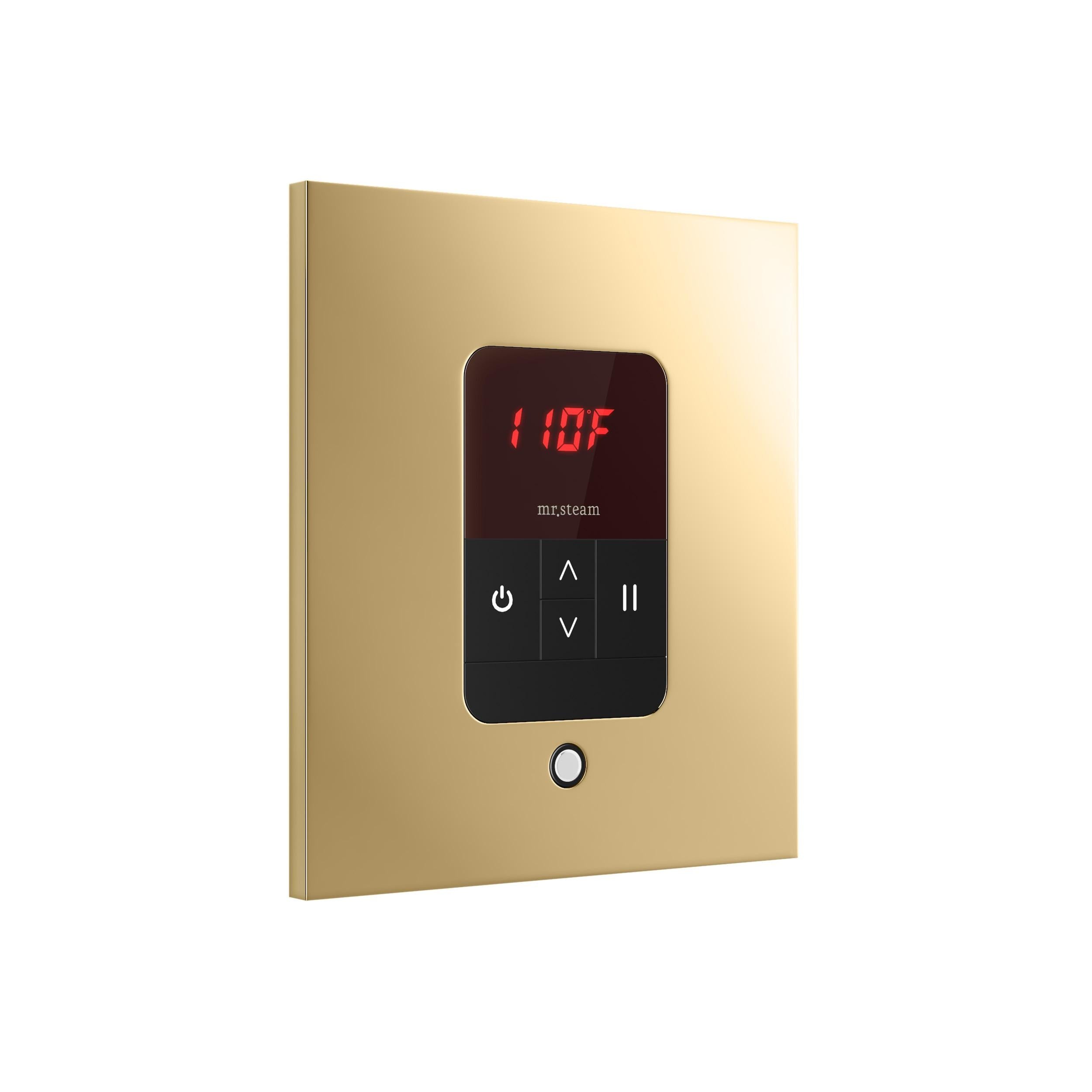 iTempo Steam Shower Control and Aroma Designer SteamHead in Square Polished Brass Angled View