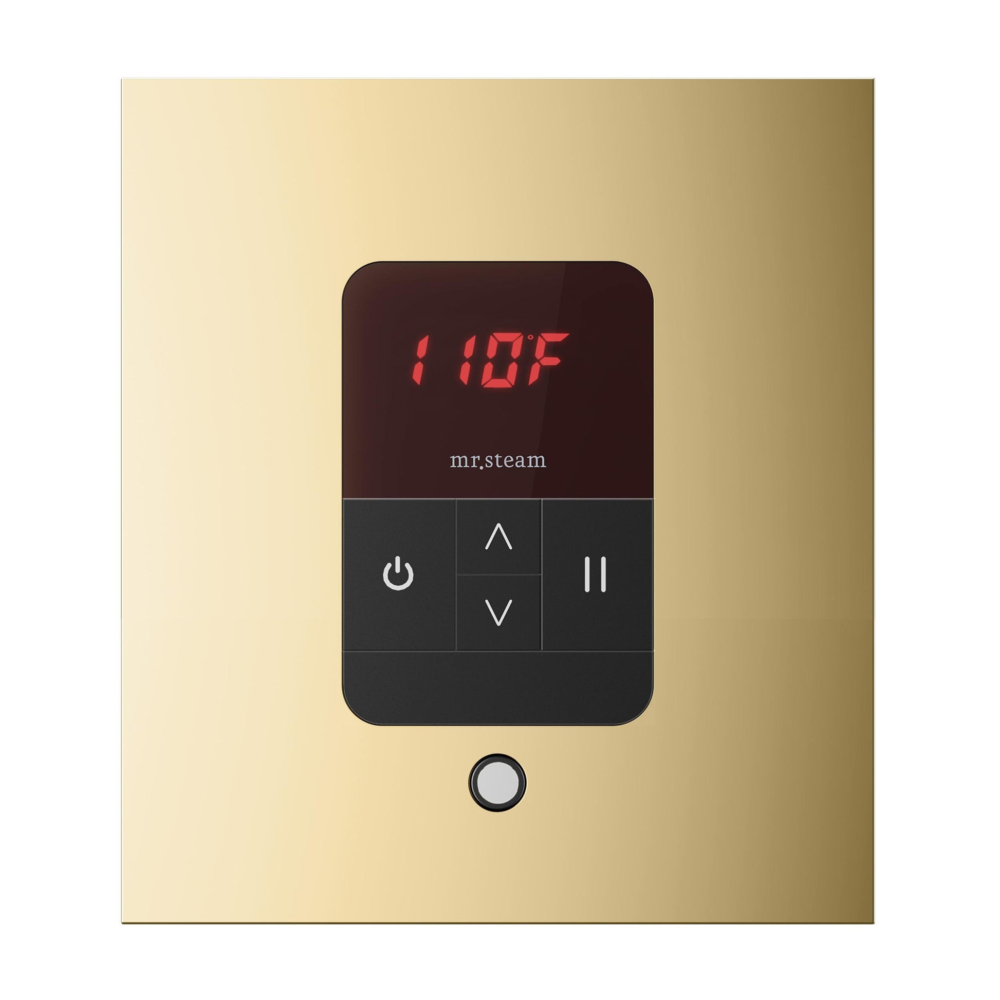 iTempo Steam Shower Control and Aroma Designer SteamHead in Square Polished Brass Front View