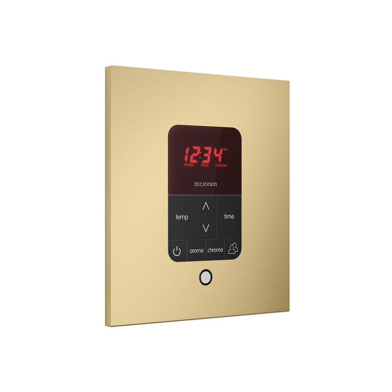 iTempo Steam Shower Control and Aroma Designer SteamHead in Square Satin Brass Angled View