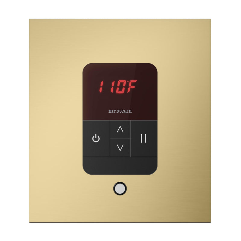 iTempo Steam Shower Control and Aroma Designer SteamHead in Square Satin Brass Front View