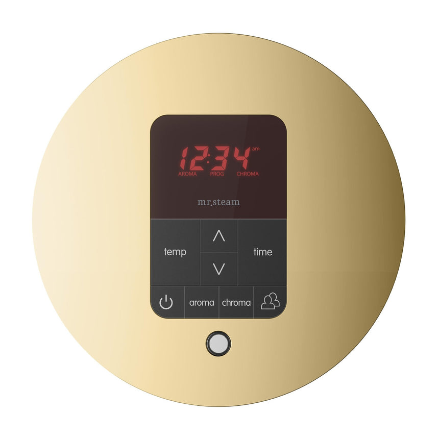 iTempoPlus Steam Shower Control and Aroma Designer SteamHead in Round Polished Brass Front View