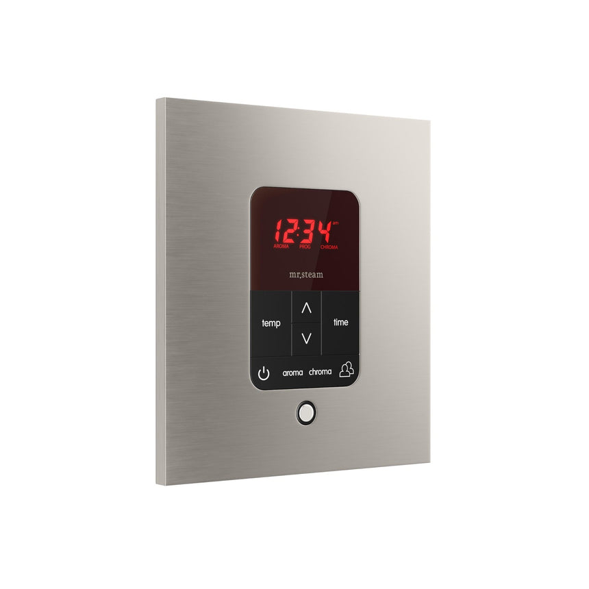 iTempoPlus Steam Shower Control and Aroma Designer SteamHead in Square Brushed Nickel Angled View