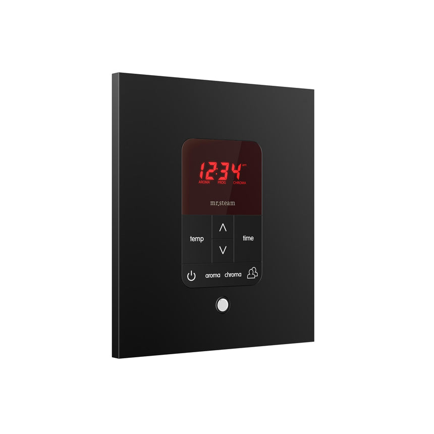 iTempoPlus Steam Shower Control and Aroma Designer SteamHead in Square Matte Black Angled View