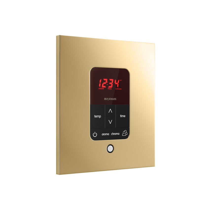 iTempoPlus Steam Shower Control and Aroma Designer SteamHead in Square Polished Brass Angled View