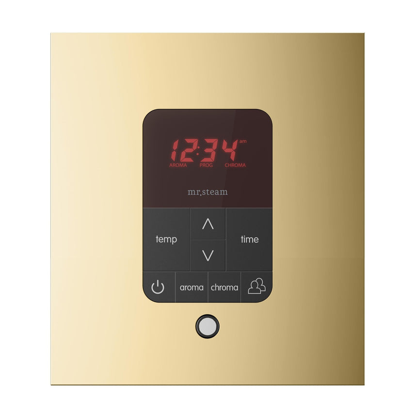 iTempoPlus Steam Shower Control and Aroma Designer SteamHead in Square Polished Brass Front View