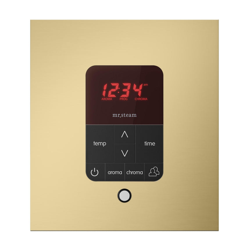 iTempoPlus Steam Shower Control and Aroma Designer SteamHead in Square Satin Brass Front View