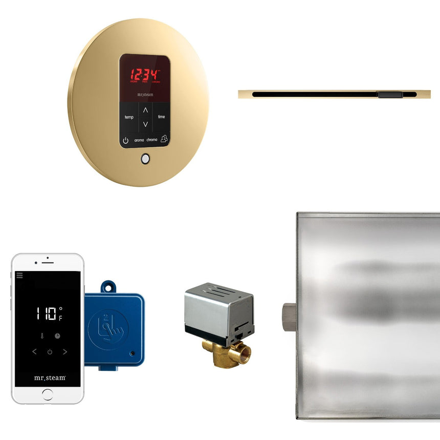 Butler Linear Steam Shower Steam Control Package with iTempoPlus Control and Linear SteamHead in Round Polished Brass Main View