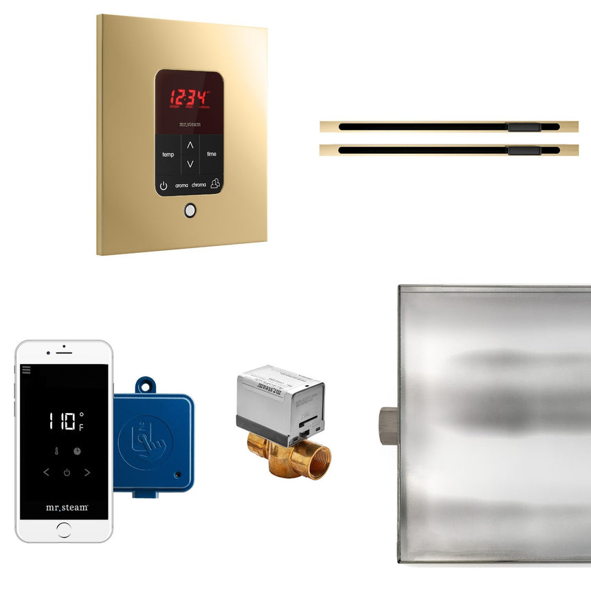 Butler Max Linear Steam Shower Steam Control Package with iTempoPlus Control and Linear SteamHead in Square Polished Brass Main View